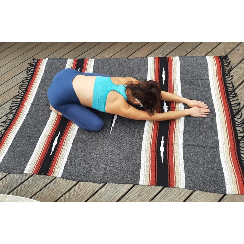Open Road Goods Charcoal Black Mexican Yoga Blanket - Thick Diamond with Vintage Retro Serape Red Tan Brown and White Stripes - Image 3